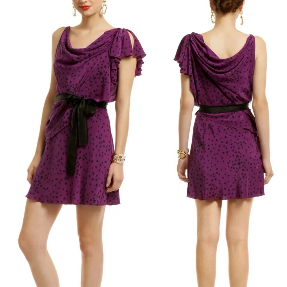 GRYPHON NWT Belle Mini Dress L Asymmetric Purple Star 100% Silk Drape Cocktail
